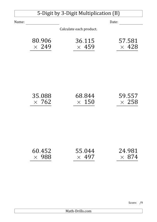 The Multiplying 5-Digit by 3-Digit Numbers (Large Print) with Period-Separated Thousands (B) Math Worksheet