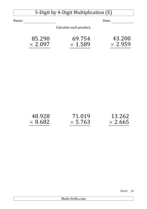 The Multiplying 5-Digit by 4-Digit Numbers (Large Print) with Period-Separated Thousands (E) Math Worksheet