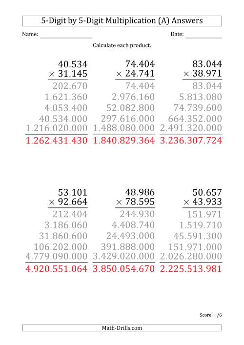 The Multiplying 5-Digit by 5-Digit Numbers (Large Print) with Period-Separated Thousands (A) Math Worksheet Page 2