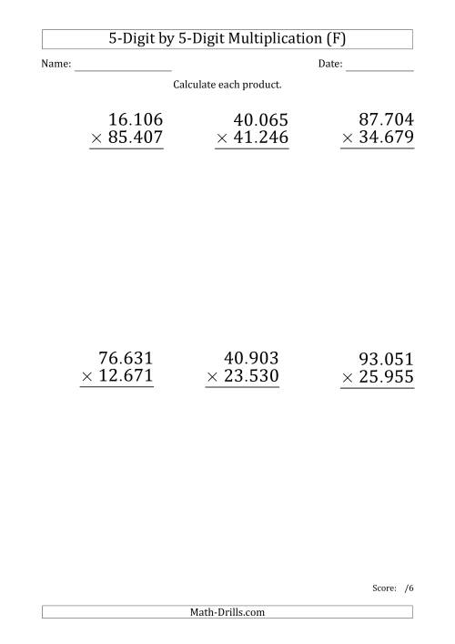 The Multiplying 5-Digit by 5-Digit Numbers (Large Print) with Period-Separated Thousands (F) Math Worksheet