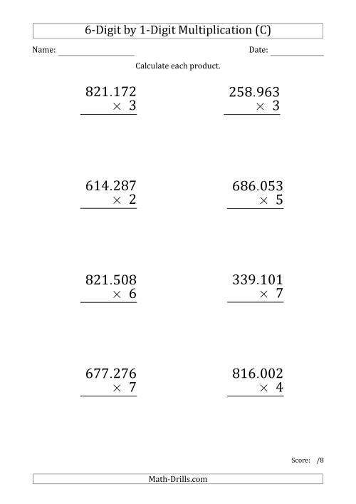 The Multiplying 6-Digit by 1-Digit Numbers (Large Print) with Period-Separated Thousands (C) Math Worksheet