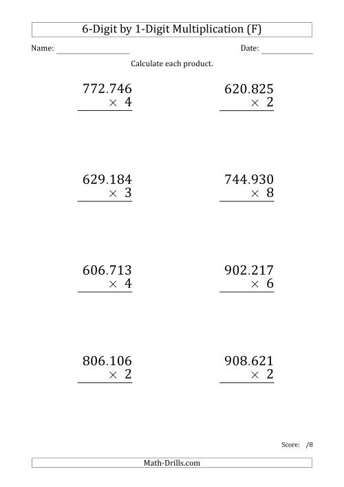 The Multiplying 6-Digit by 1-Digit Numbers (Large Print) with Period-Separated Thousands (F) Math Worksheet