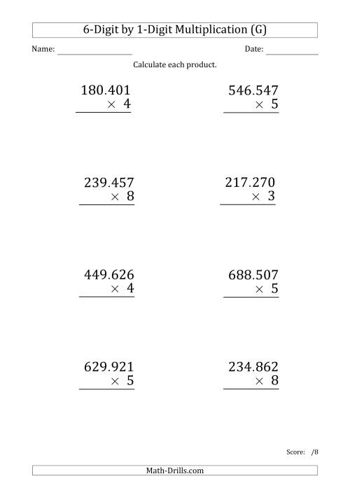 The Multiplying 6-Digit by 1-Digit Numbers (Large Print) with Period-Separated Thousands (G) Math Worksheet