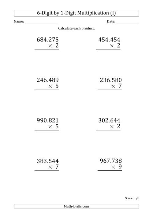 The Multiplying 6-Digit by 1-Digit Numbers (Large Print) with Period-Separated Thousands (I) Math Worksheet