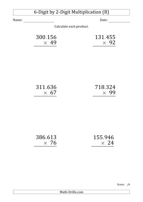 The Multiplying 6-Digit by 2-Digit Numbers (Large Print) with Period-Separated Thousands (B) Math Worksheet