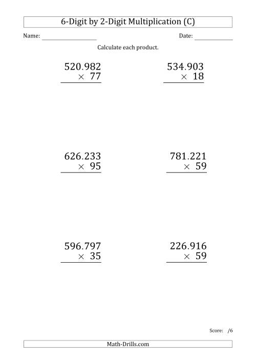 The Multiplying 6-Digit by 2-Digit Numbers (Large Print) with Period-Separated Thousands (C) Math Worksheet