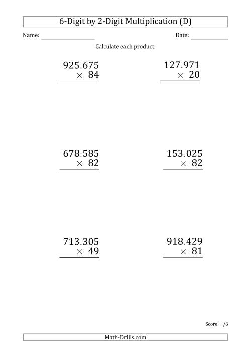 The Multiplying 6-Digit by 2-Digit Numbers (Large Print) with Period-Separated Thousands (D) Math Worksheet