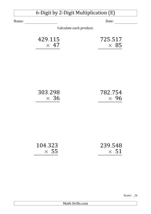 The Multiplying 6-Digit by 2-Digit Numbers (Large Print) with Period-Separated Thousands (E) Math Worksheet