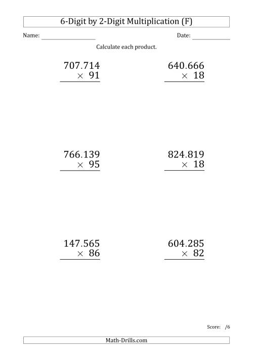 The Multiplying 6-Digit by 2-Digit Numbers (Large Print) with Period-Separated Thousands (F) Math Worksheet