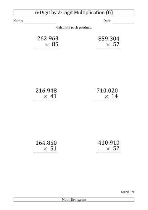 The Multiplying 6-Digit by 2-Digit Numbers (Large Print) with Period-Separated Thousands (G) Math Worksheet
