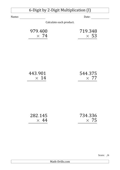 The Multiplying 6-Digit by 2-Digit Numbers (Large Print) with Period-Separated Thousands (I) Math Worksheet
