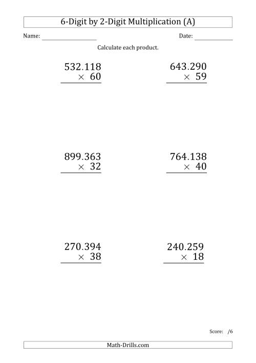 The Multiplying 6-Digit by 2-Digit Numbers (Large Print) with Period-Separated Thousands (All) Math Worksheet