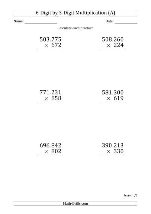 The Multiplying 6-Digit by 3-Digit Numbers (Large Print) with Period-Separated Thousands (A) Math Worksheet