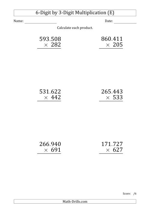 The Multiplying 6-Digit by 3-Digit Numbers (Large Print) with Period-Separated Thousands (E) Math Worksheet