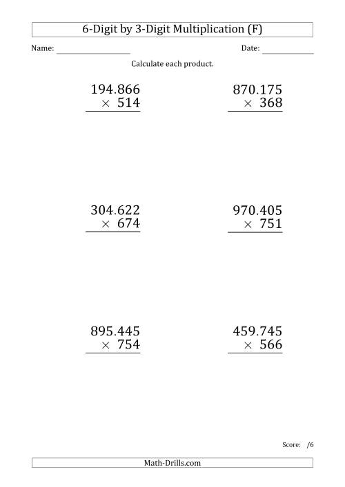 The Multiplying 6-Digit by 3-Digit Numbers (Large Print) with Period-Separated Thousands (F) Math Worksheet