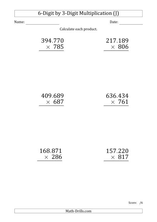 The Multiplying 6-Digit by 3-Digit Numbers (Large Print) with Period-Separated Thousands (J) Math Worksheet