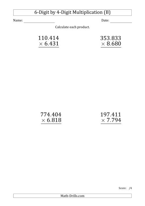 The Multiplying 6-Digit by 4-Digit Numbers (Large Print) with Period-Separated Thousands (B) Math Worksheet