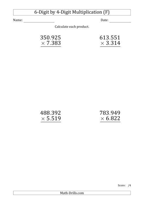 The Multiplying 6-Digit by 4-Digit Numbers (Large Print) with Period-Separated Thousands (F) Math Worksheet
