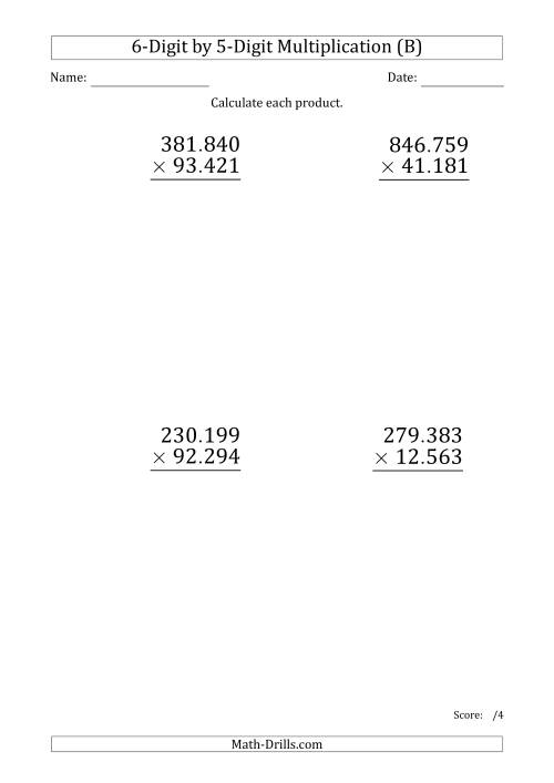 The Multiplying 6-Digit by 5-Digit Numbers (Large Print) with Period-Separated Thousands (B) Math Worksheet