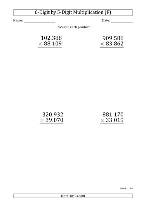 The Multiplying 6-Digit by 5-Digit Numbers (Large Print) with Period-Separated Thousands (F) Math Worksheet