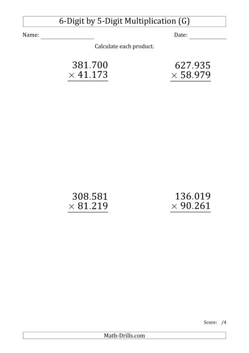 The Multiplying 6-Digit by 5-Digit Numbers (Large Print) with Period-Separated Thousands (G) Math Worksheet