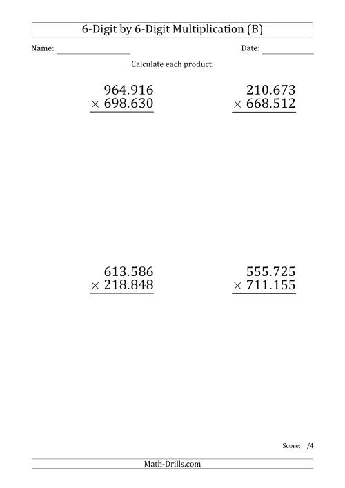The Multiplying 6-Digit by 6-Digit Numbers (Large Print) with Period-Separated Thousands (B) Math Worksheet