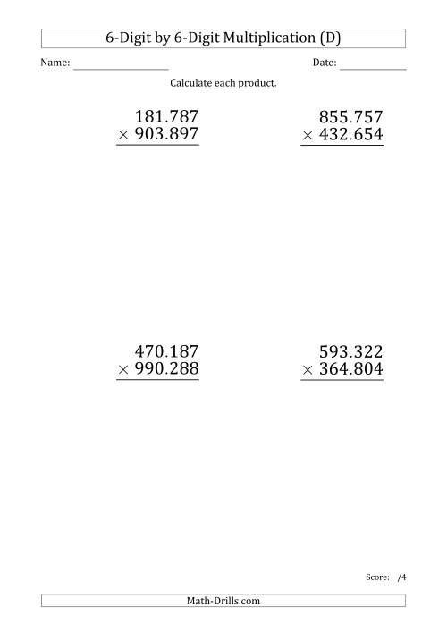 The Multiplying 6-Digit by 6-Digit Numbers (Large Print) with Period-Separated Thousands (D) Math Worksheet