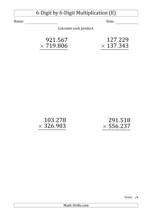 The Multiplying 6-Digit by 6-Digit Numbers (Large Print) with Period-Separated Thousands (E) Math Worksheet