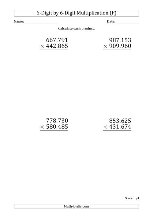 The Multiplying 6-Digit by 6-Digit Numbers (Large Print) with Period-Separated Thousands (F) Math Worksheet
