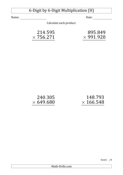 The Multiplying 6-Digit by 6-Digit Numbers (Large Print) with Period-Separated Thousands (H) Math Worksheet
