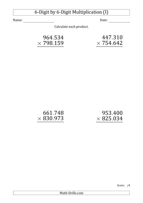 The Multiplying 6-Digit by 6-Digit Numbers (Large Print) with Period-Separated Thousands (I) Math Worksheet
