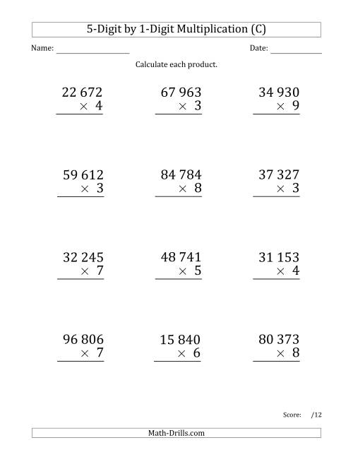 The Multiplying 5-Digit by 1-Digit Numbers (Large Print) with Space-Separated Thousands (C) Math Worksheet