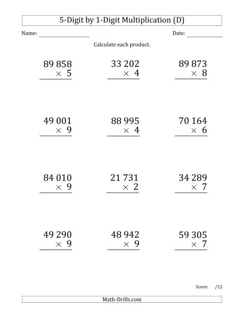 The Multiplying 5-Digit by 1-Digit Numbers (Large Print) with Space-Separated Thousands (D) Math Worksheet