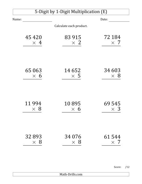 The Multiplying 5-Digit by 1-Digit Numbers (Large Print) with Space-Separated Thousands (E) Math Worksheet