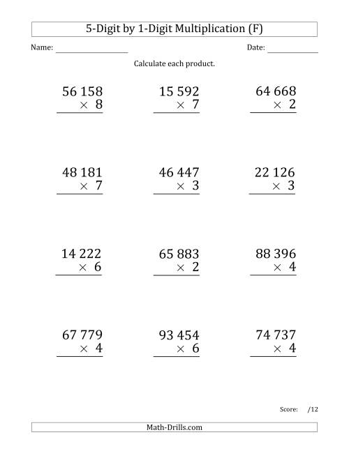 The Multiplying 5-Digit by 1-Digit Numbers (Large Print) with Space-Separated Thousands (F) Math Worksheet
