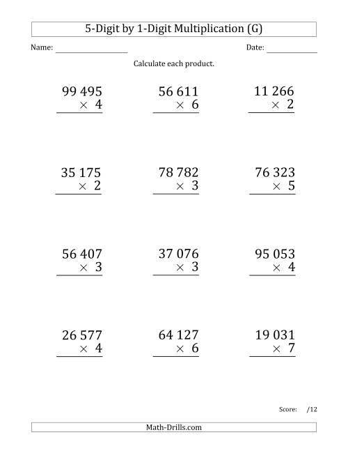 The Multiplying 5-Digit by 1-Digit Numbers (Large Print) with Space-Separated Thousands (G) Math Worksheet