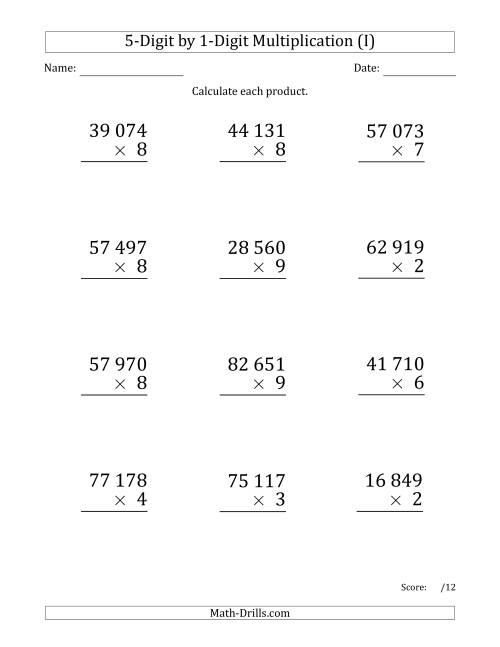The Multiplying 5-Digit by 1-Digit Numbers (Large Print) with Space-Separated Thousands (I) Math Worksheet