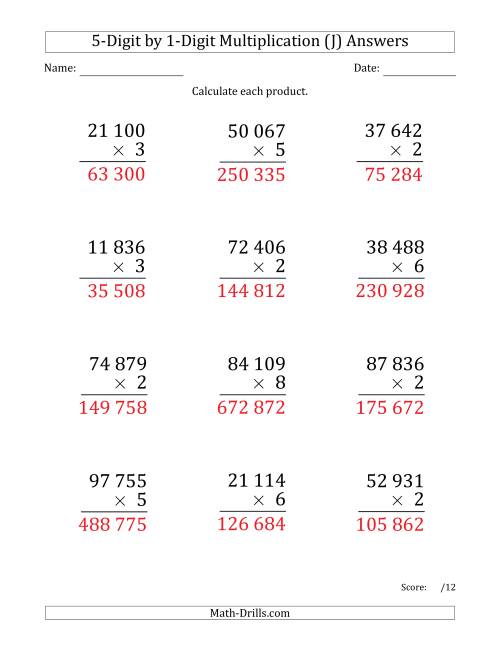 The Multiplying 5-Digit by 1-Digit Numbers (Large Print) with Space-Separated Thousands (J) Math Worksheet Page 2