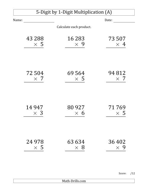 The Multiplying 5-Digit by 1-Digit Numbers (Large Print) with Space-Separated Thousands (All) Math Worksheet