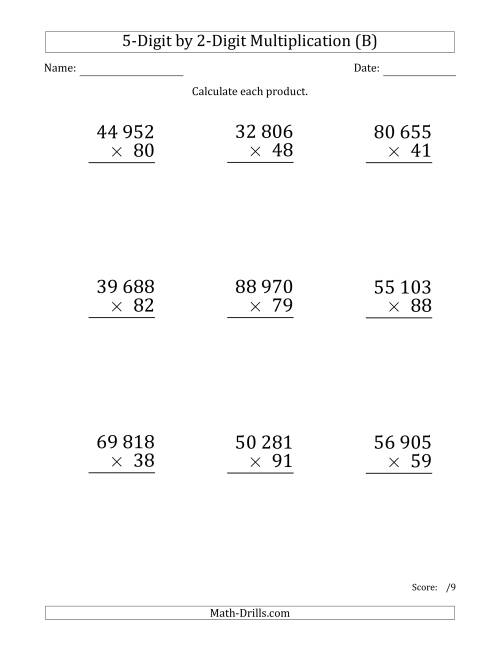 The Multiplying 5-Digit by 2-Digit Numbers (Large Print) with Space-Separated Thousands (B) Math Worksheet