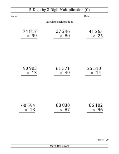 The Multiplying 5-Digit by 2-Digit Numbers (Large Print) with Space-Separated Thousands (C) Math Worksheet