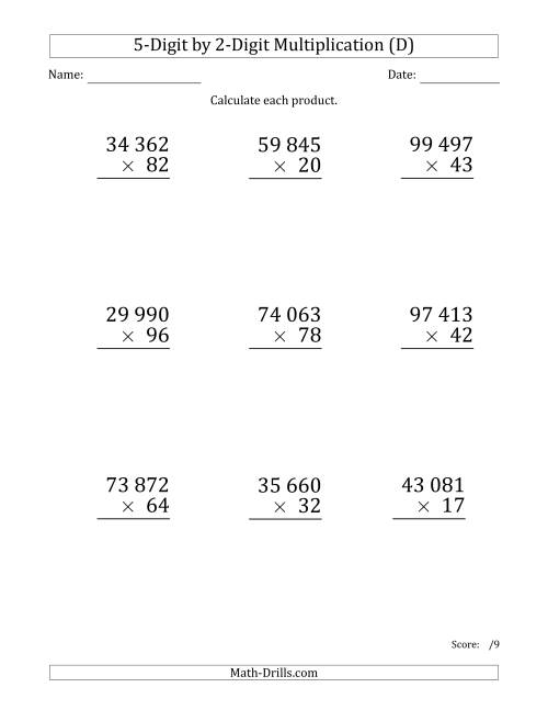 The Multiplying 5-Digit by 2-Digit Numbers (Large Print) with Space-Separated Thousands (D) Math Worksheet