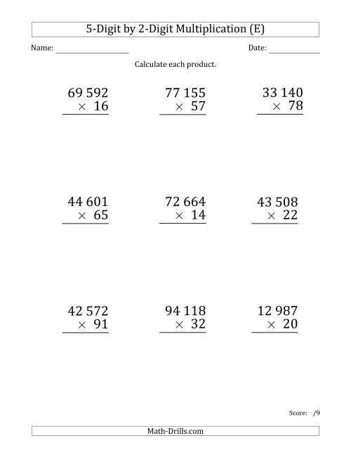 The Multiplying 5-Digit by 2-Digit Numbers (Large Print) with Space-Separated Thousands (E) Math Worksheet