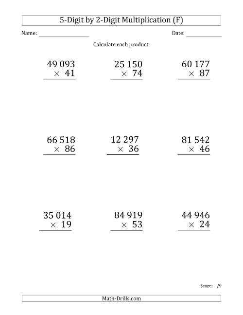 The Multiplying 5-Digit by 2-Digit Numbers (Large Print) with Space-Separated Thousands (F) Math Worksheet