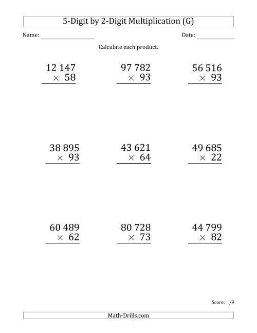 The Multiplying 5-Digit by 2-Digit Numbers (Large Print) with Space-Separated Thousands (G) Math Worksheet