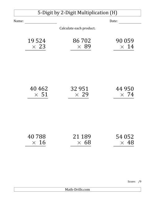The Multiplying 5-Digit by 2-Digit Numbers (Large Print) with Space-Separated Thousands (H) Math Worksheet