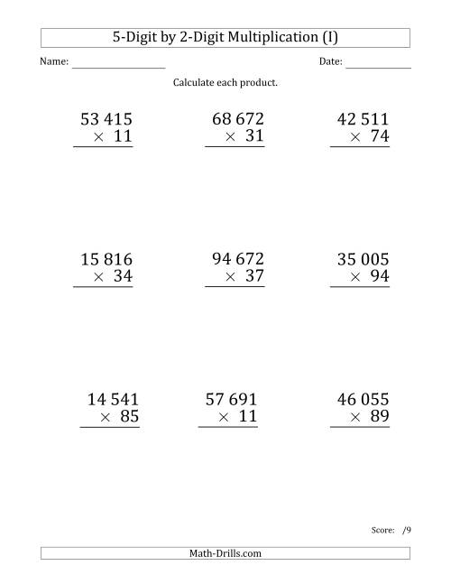 The Multiplying 5-Digit by 2-Digit Numbers (Large Print) with Space-Separated Thousands (I) Math Worksheet