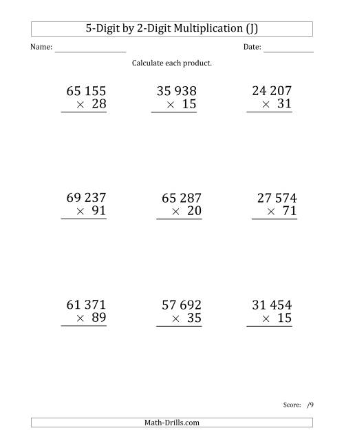 The Multiplying 5-Digit by 2-Digit Numbers (Large Print) with Space-Separated Thousands (J) Math Worksheet
