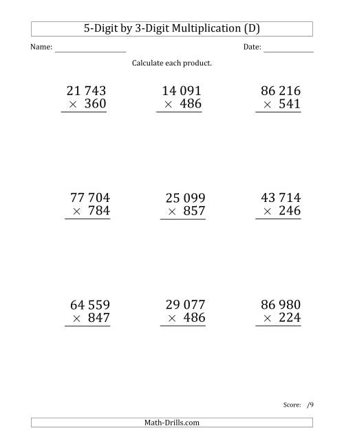 The Multiplying 5-Digit by 3-Digit Numbers (Large Print) with Space-Separated Thousands (D) Math Worksheet