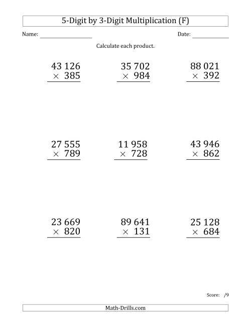 The Multiplying 5-Digit by 3-Digit Numbers (Large Print) with Space-Separated Thousands (F) Math Worksheet